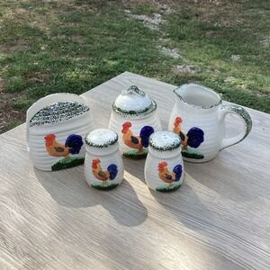 Vintage Rooster Napkin Holder Sugar Bowl Creamer Pitcher Salt Pepper Shakers Set